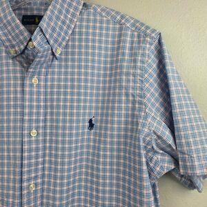 Ralph Lauren Men Medium Blue Pink Plaid Short Sleeve Button Down Shirt Pony Logo